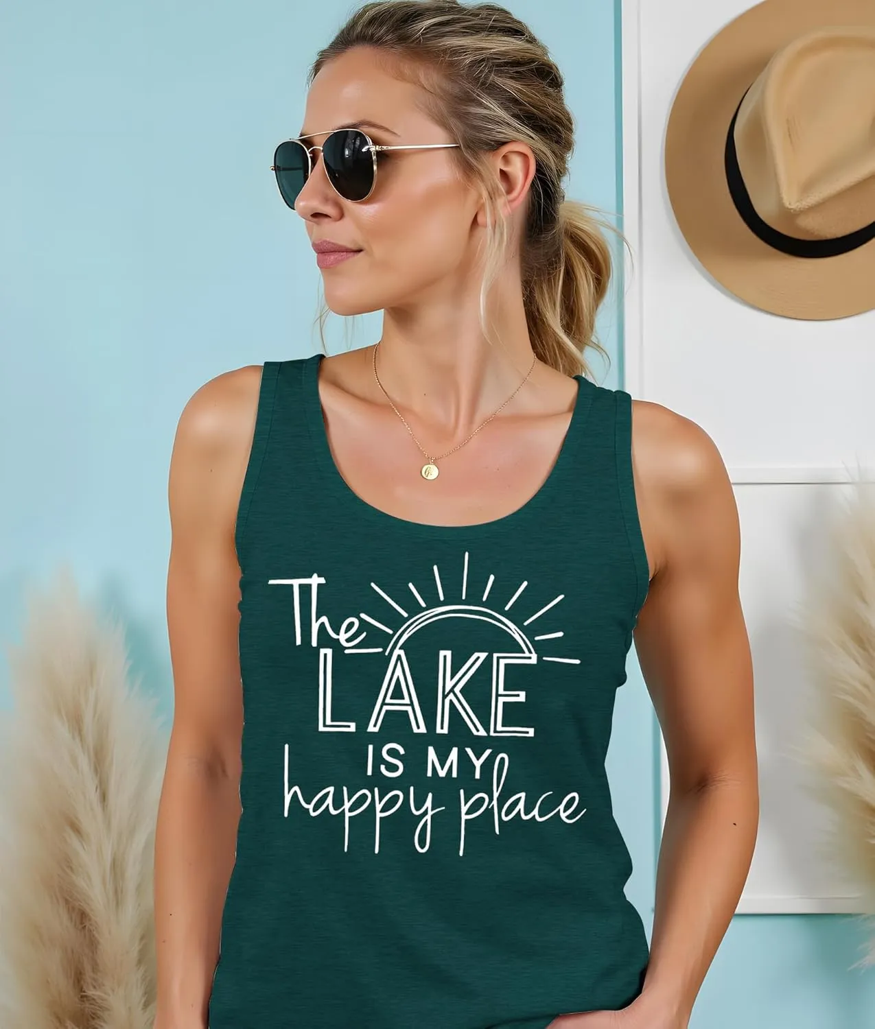 The Lake is My Happy Place T Shirt Women Lake Graphic Summer Sleeveless Shirts