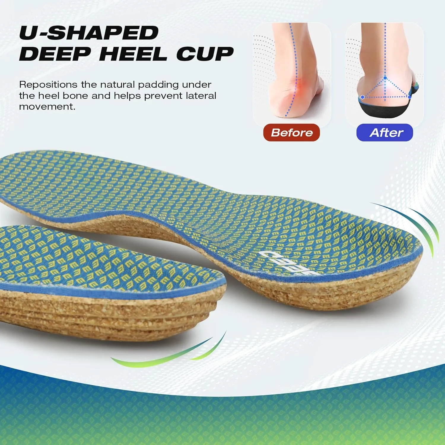 Thin Plantar Fasciitis Insoles, Arch Support Soft Breathable Cork Orthotic Shoe Inserts for Heel Pain Relief and Flat Foot, Anti Fatigue Work Insert （Men 12.5-14.5/Women 13.5-15.5）