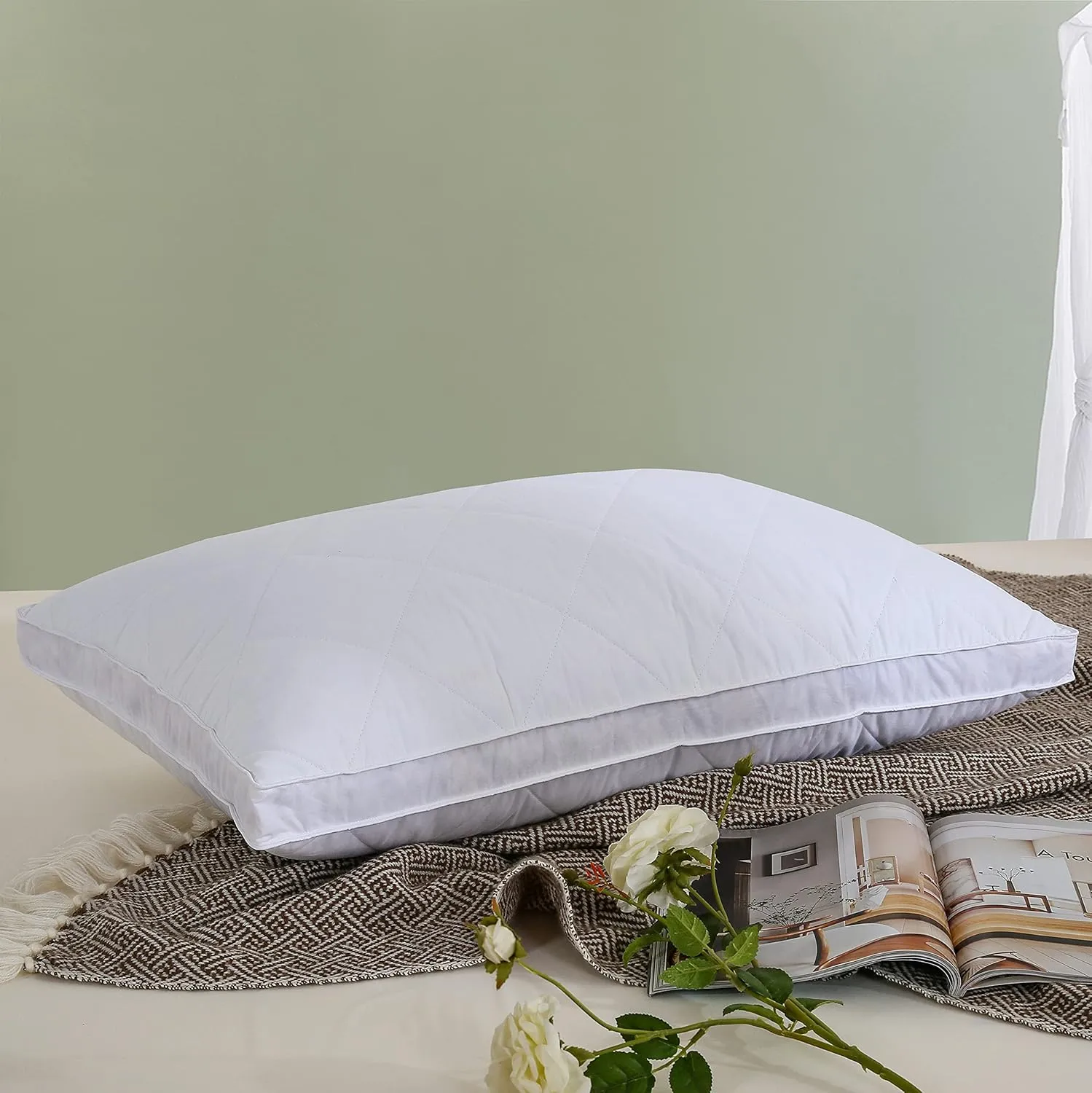 Three Geese Pack of 1 White Goose Feather Polyester Bed Pillows Queen/Standard Size- Soft 600 Thread Count 100% Cotton, Medium Firm,Soft Support Surround Fill Polyester,White Solid