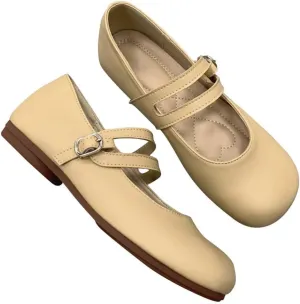 TN TANGNEST Women's Ballet Flats Retro Mary Jane Shoes for Women Cute Square Toe Buckle Dress Flats Soft Work Flats