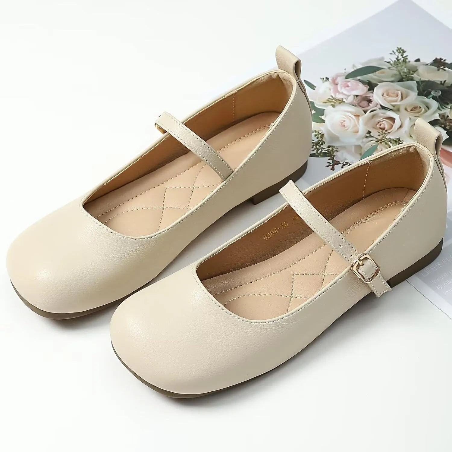 TN TANGNEST Women's Ballet Flats Retro Mary Jane Shoes for Women Cute Square Toe Buckle Dress Flats Soft Work Flats