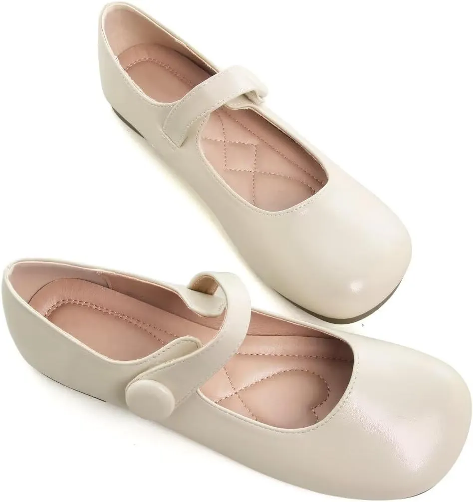 TN TANGNEST Women's Ballet Flats Retro Mary Jane Shoes for Women Cute Square Toe Buckle Dress Flats Soft Work Flats
