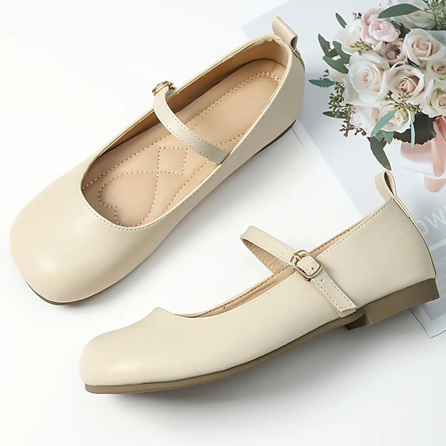 TN TANGNEST Women's Ballet Flats Retro Mary Jane Shoes for Women Cute Square Toe Buckle Dress Flats Soft Work Flats