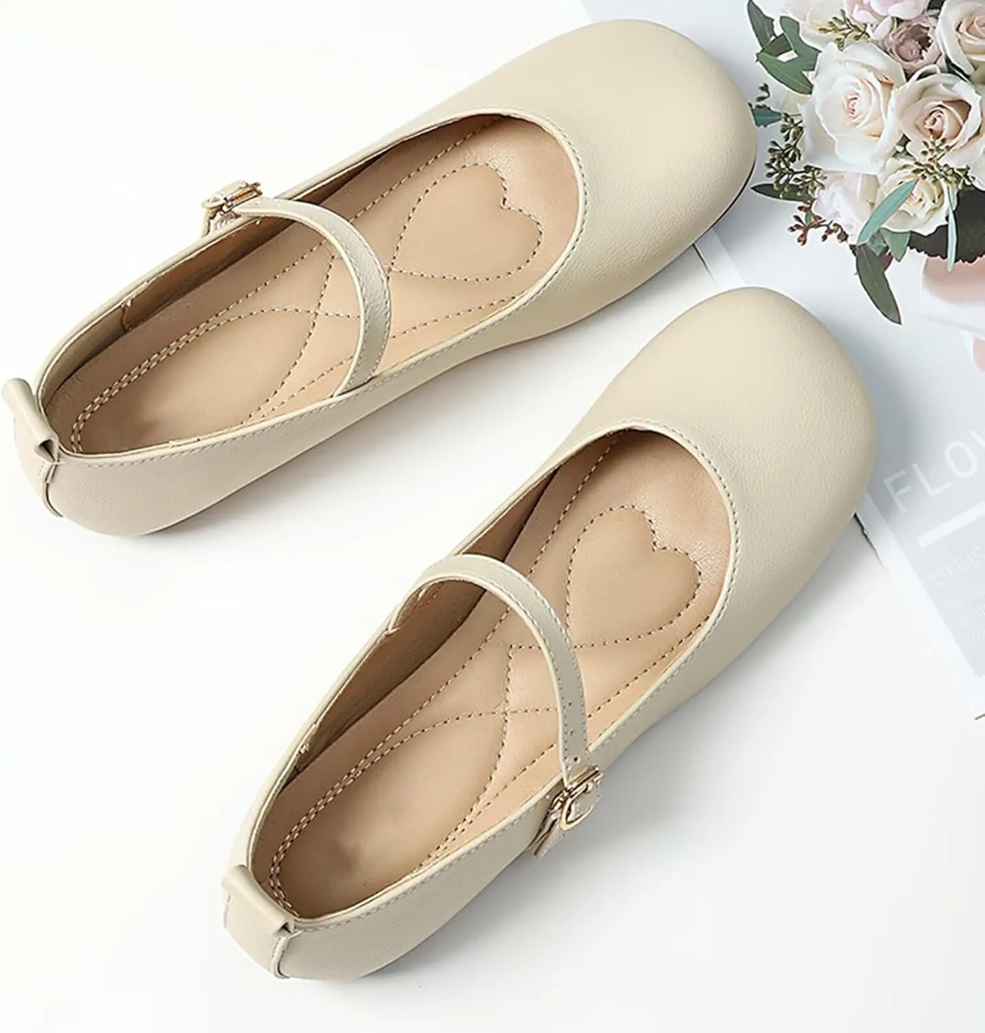 TN TANGNEST Women's Ballet Flats Retro Mary Jane Shoes for Women Cute Square Toe Buckle Dress Flats Soft Work Flats