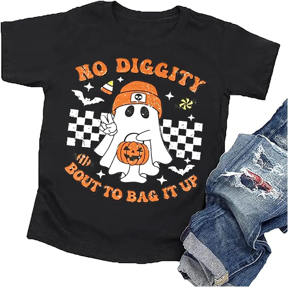 Toddler Boys Girls Halloween Ghost Shirt No Diggity Bout to Bag it Up Funny Letter Print T-Shirt Fall Holiday Tops