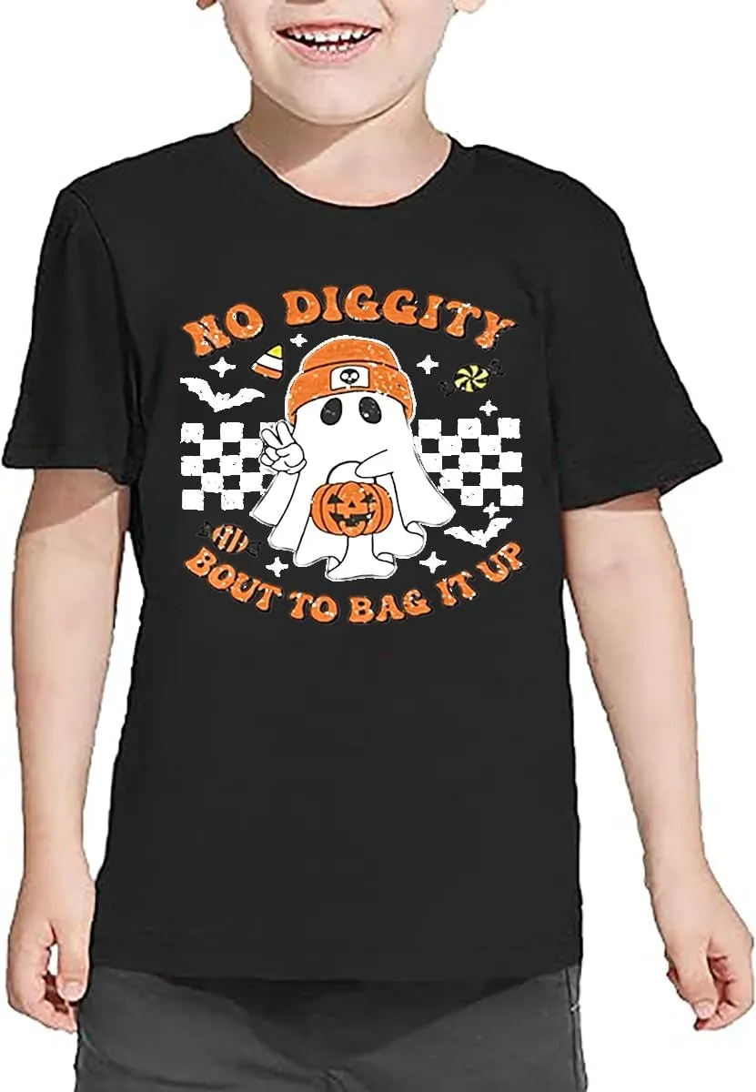Toddler Boys Girls Halloween Ghost Shirt No Diggity Bout to Bag it Up Funny Letter Print T-Shirt Fall Holiday Tops