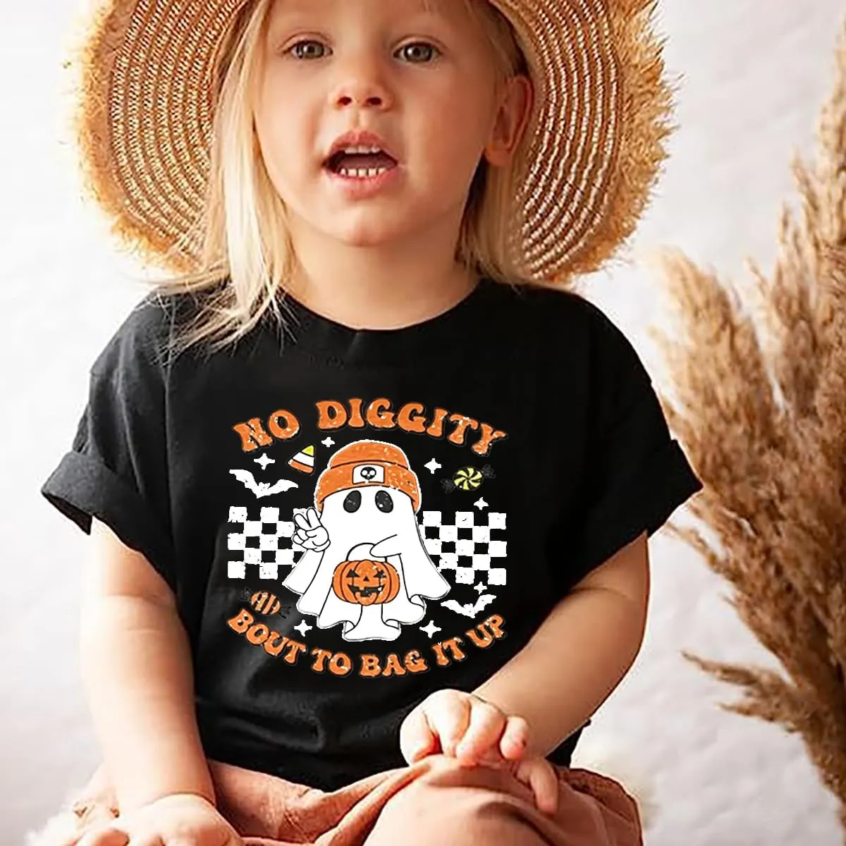 Toddler Boys Girls Halloween Ghost Shirt No Diggity Bout to Bag it Up Funny Letter Print T-Shirt Fall Holiday Tops
