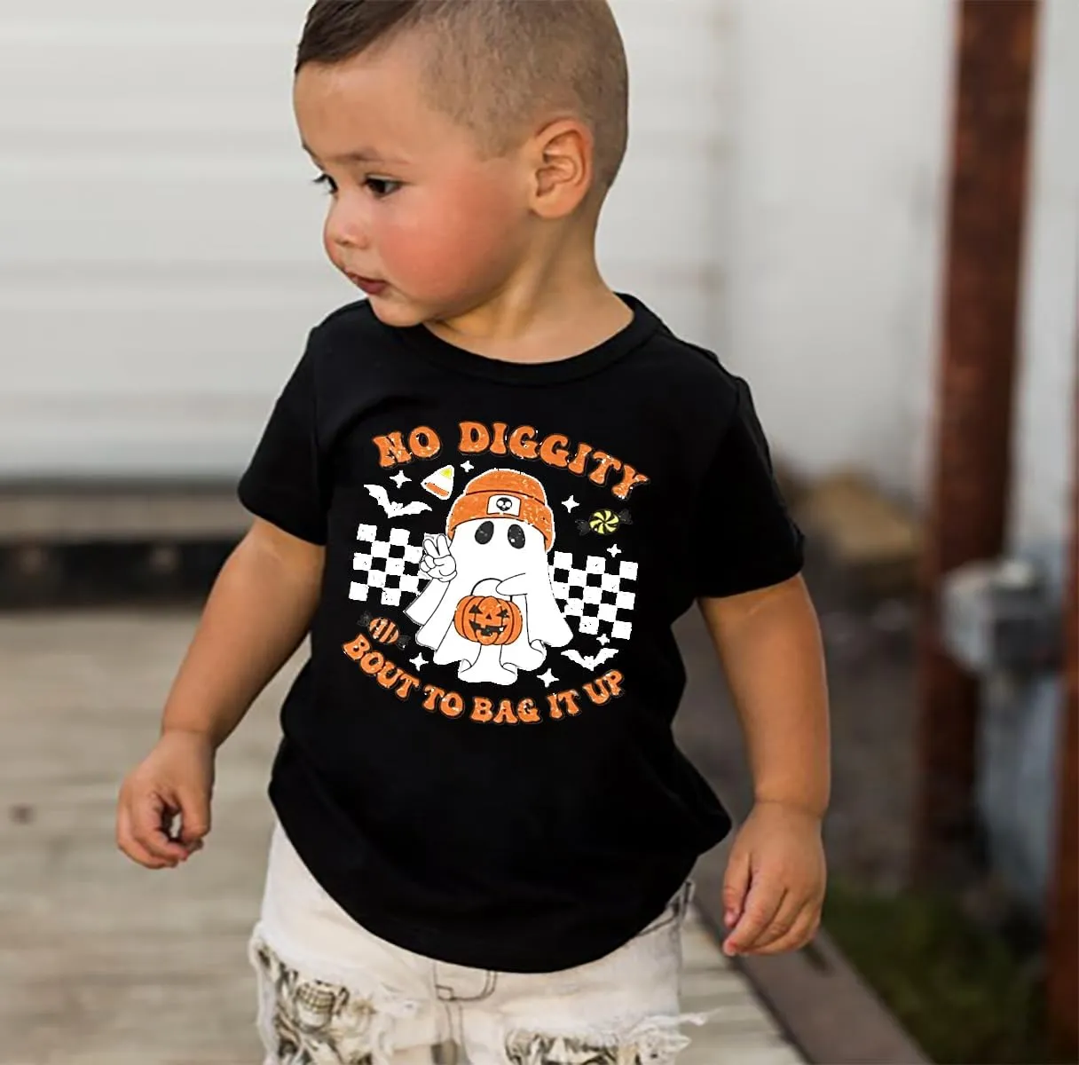 Toddler Boys Girls Halloween Ghost Shirt No Diggity Bout to Bag it Up Funny Letter Print T-Shirt Fall Holiday Tops