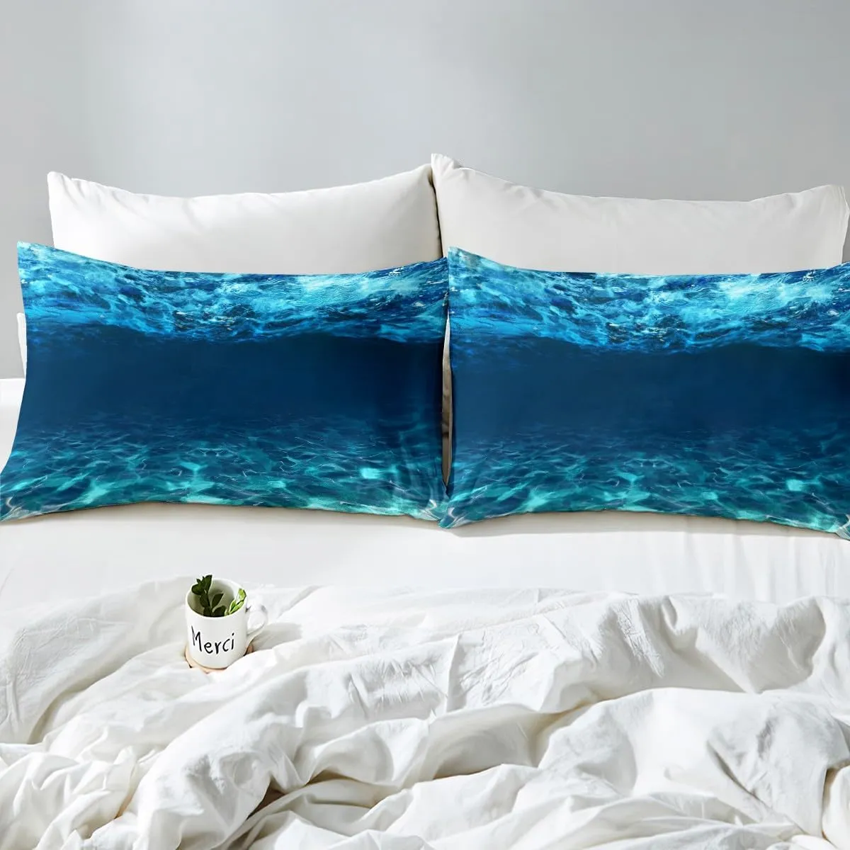 Under Sea Bed Sheet Set Twin Size,Diving Adventure Sports Themed Cobblestone Sand Blue Ocean,Bedding Decor Set with 1 Flat & 1 Fitted Sheet with 1 Pillow Sham