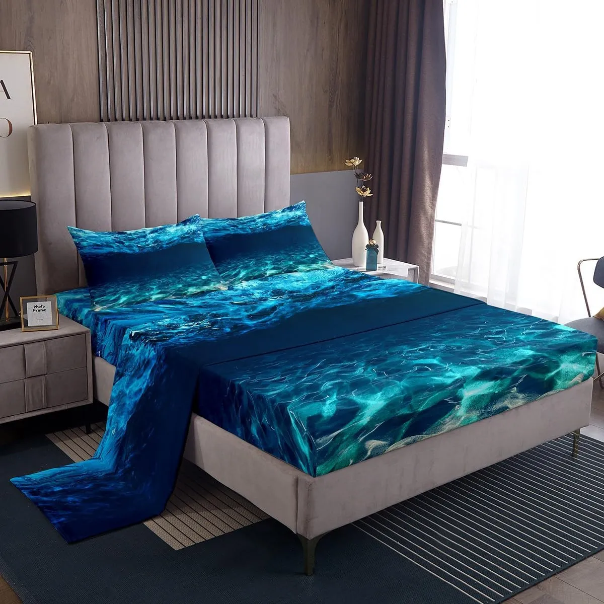 Under Sea Bed Sheet Set Twin Size,Diving Adventure Sports Themed Cobblestone Sand Blue Ocean,Bedding Decor Set with 1 Flat & 1 Fitted Sheet with 1 Pillow Sham
