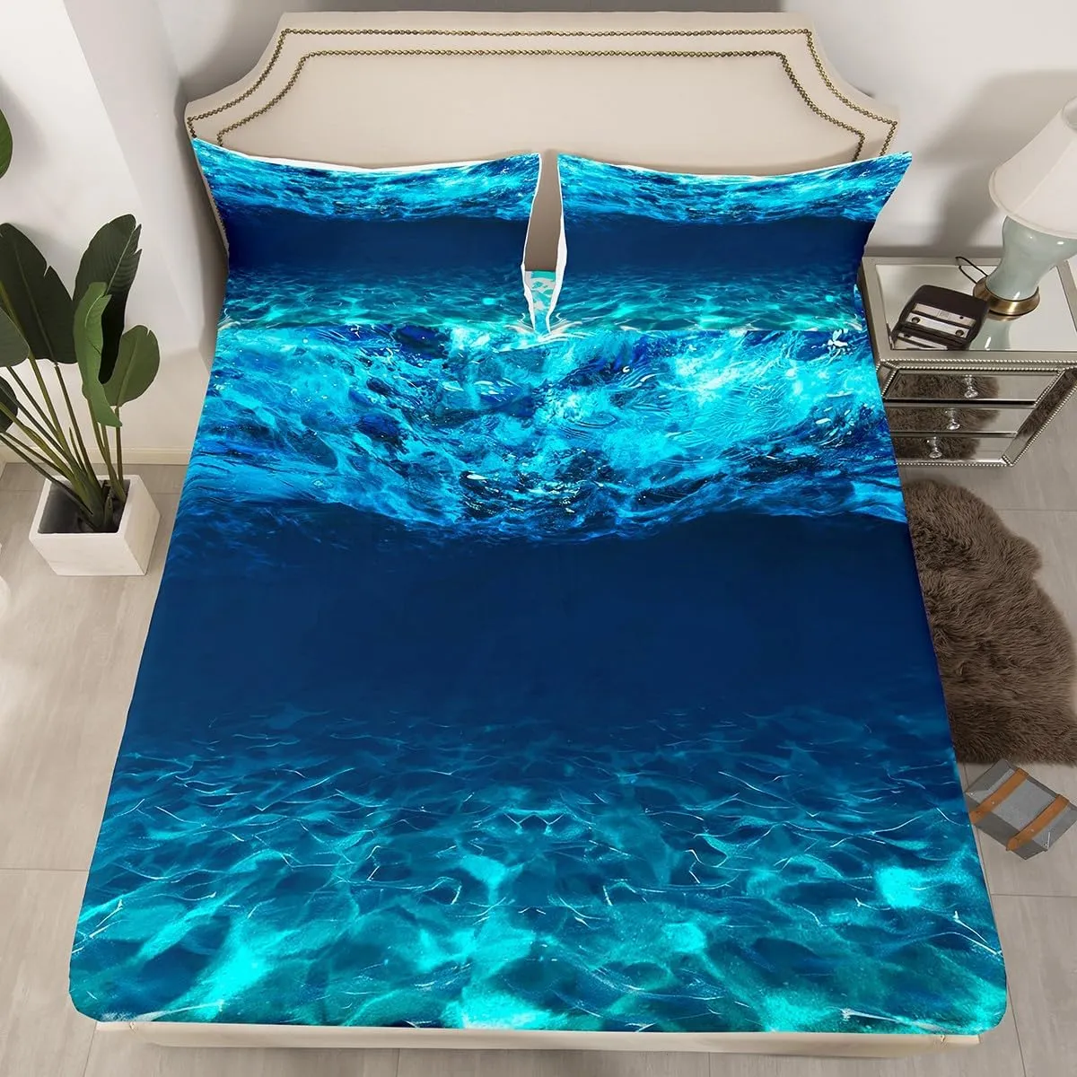 Under Sea Bed Sheet Set Twin Size,Diving Adventure Sports Themed Cobblestone Sand Blue Ocean,Bedding Decor Set with 1 Flat & 1 Fitted Sheet with 1 Pillow Sham