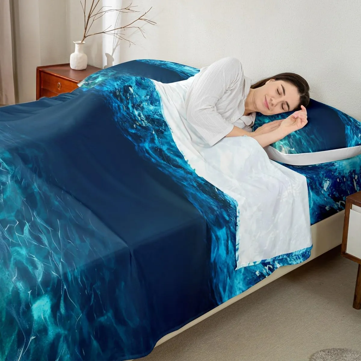 Under Sea Bed Sheet Set Twin Size,Diving Adventure Sports Themed Cobblestone Sand Blue Ocean,Bedding Decor Set with 1 Flat & 1 Fitted Sheet with 1 Pillow Sham