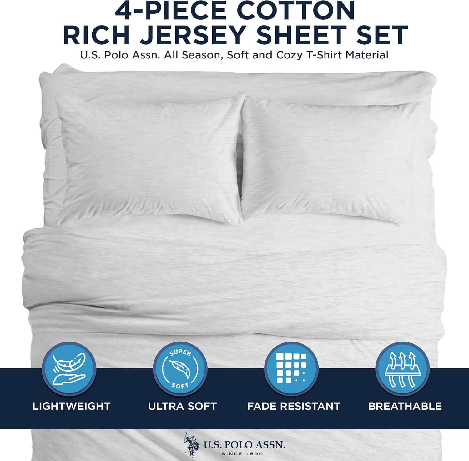 U.S. Polo Assn. All Season, Soft and Cozy T-Shirt Material, 1800 Thread Count 4-Piece Cotton Rich Jersey Sheet Set