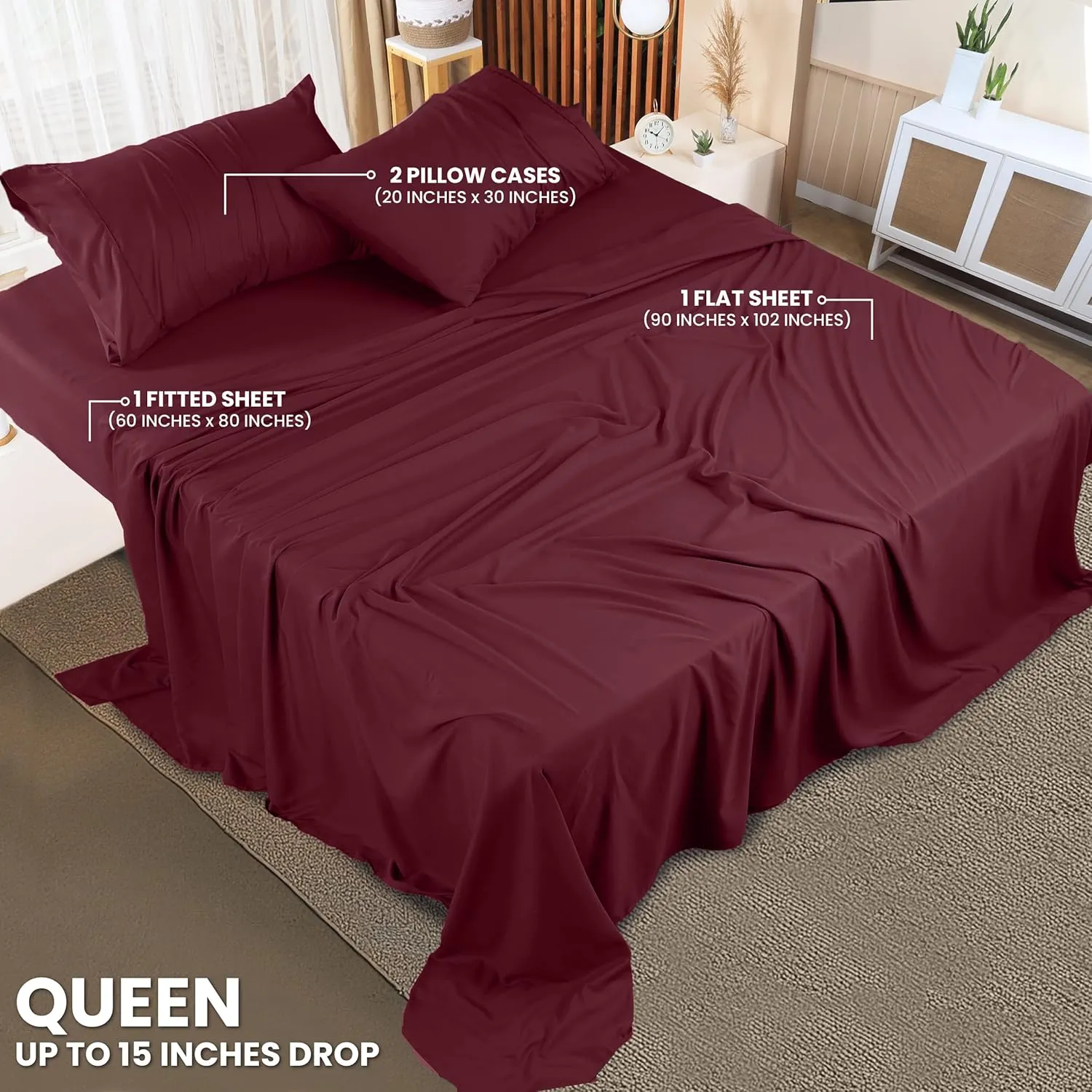 Utopia Bedding Queen Sheet Set – 4 Piece Bed Sheets for Queen Size Bed, Soft and Breathable Microfiber, Includes 1 Fitted Sheet, 1 Flat Sheet and 2 Pillowcases (Burgundy)