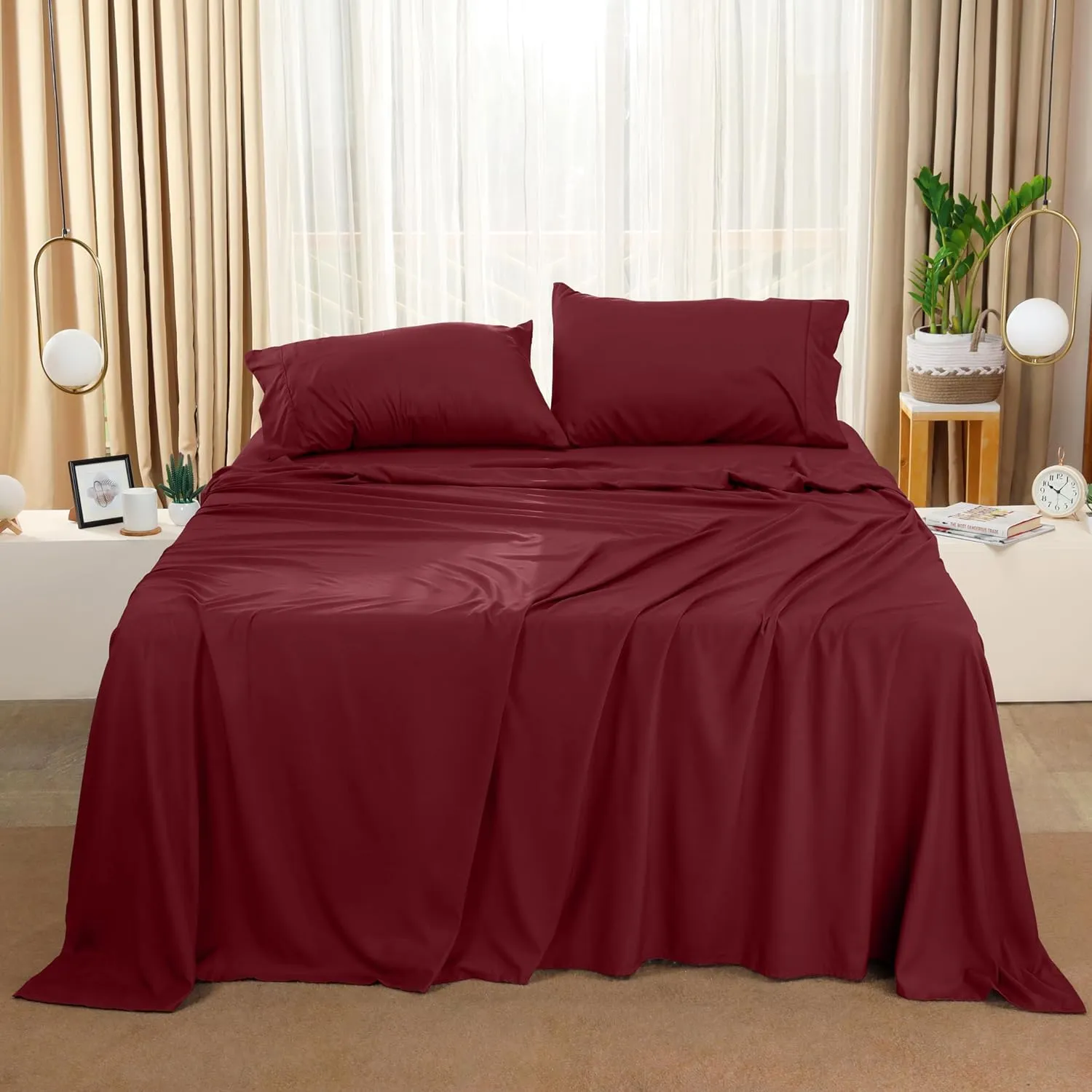 Utopia Bedding Queen Sheet Set – 4 Piece Bed Sheets for Queen Size Bed, Soft and Breathable Microfiber, Includes 1 Fitted Sheet, 1 Flat Sheet and 2 Pillowcases (Burgundy)