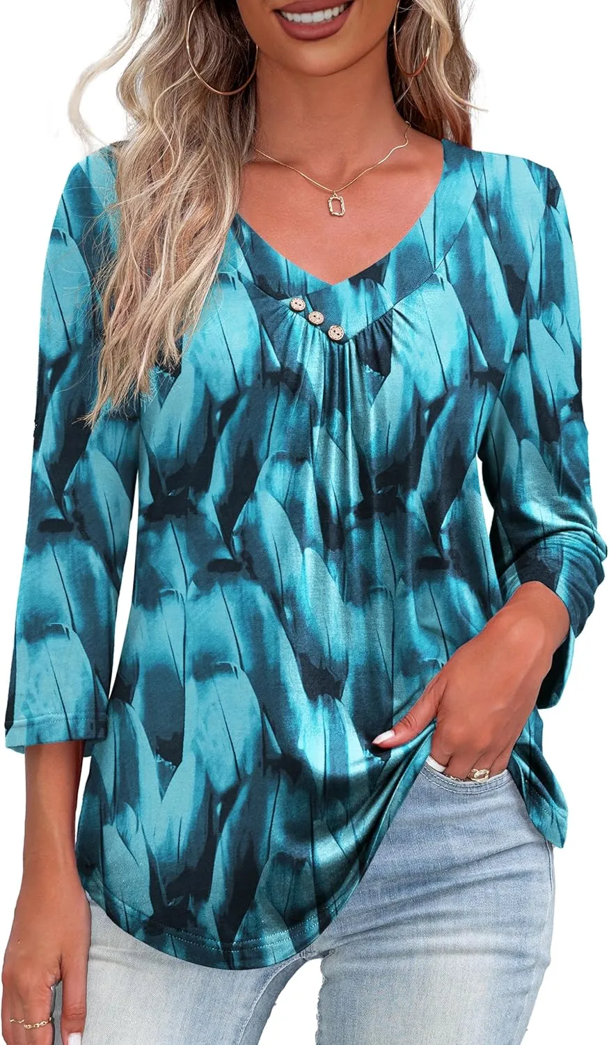 U.Vomade Women's 3/4 Sleeve Plus Size Tops Loose V Neck Blouses for Women L-4X