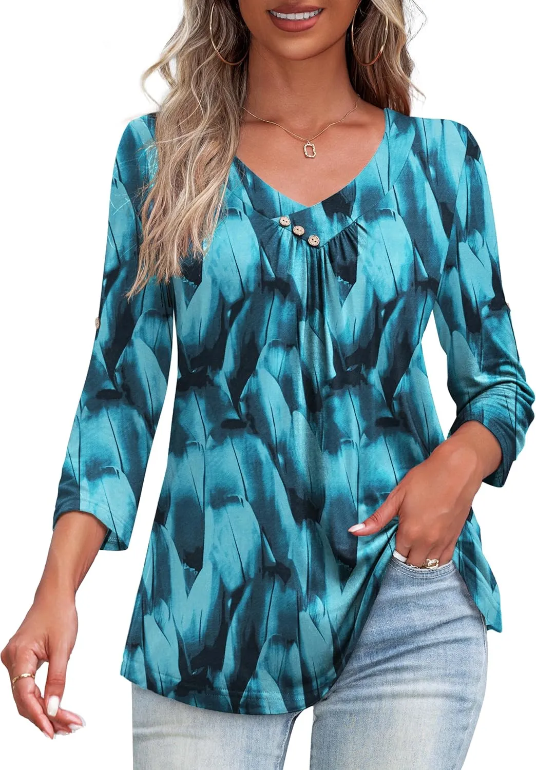 U.Vomade Women's 3/4 Sleeve Plus Size Tops Loose V Neck Blouses for Women L-4X