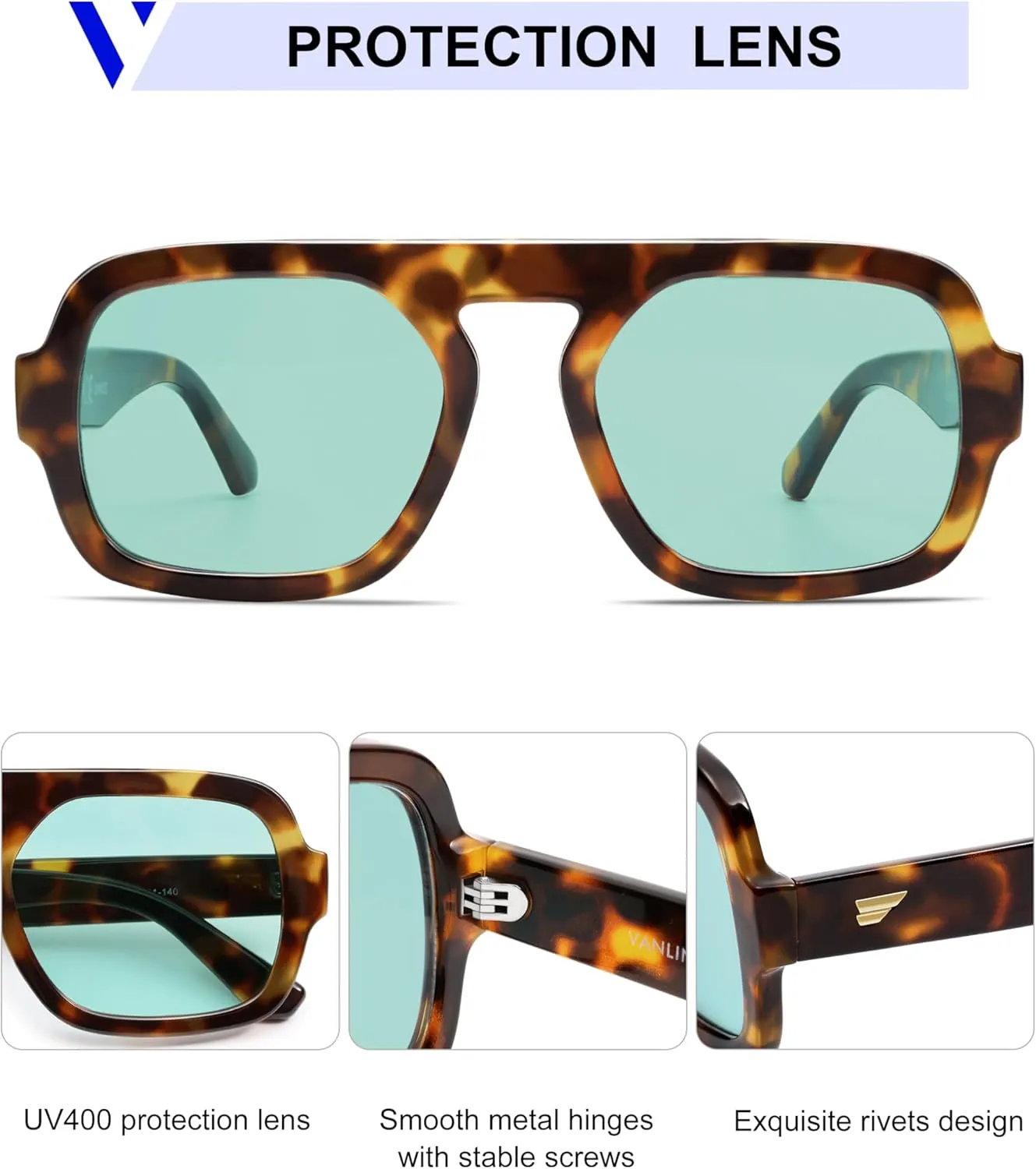 VANLINKER Retro Square Aviator Sunglasses for Women Men 70s Vintage Style Trendy Flat Top Rectangle Sun Glasses VL9826