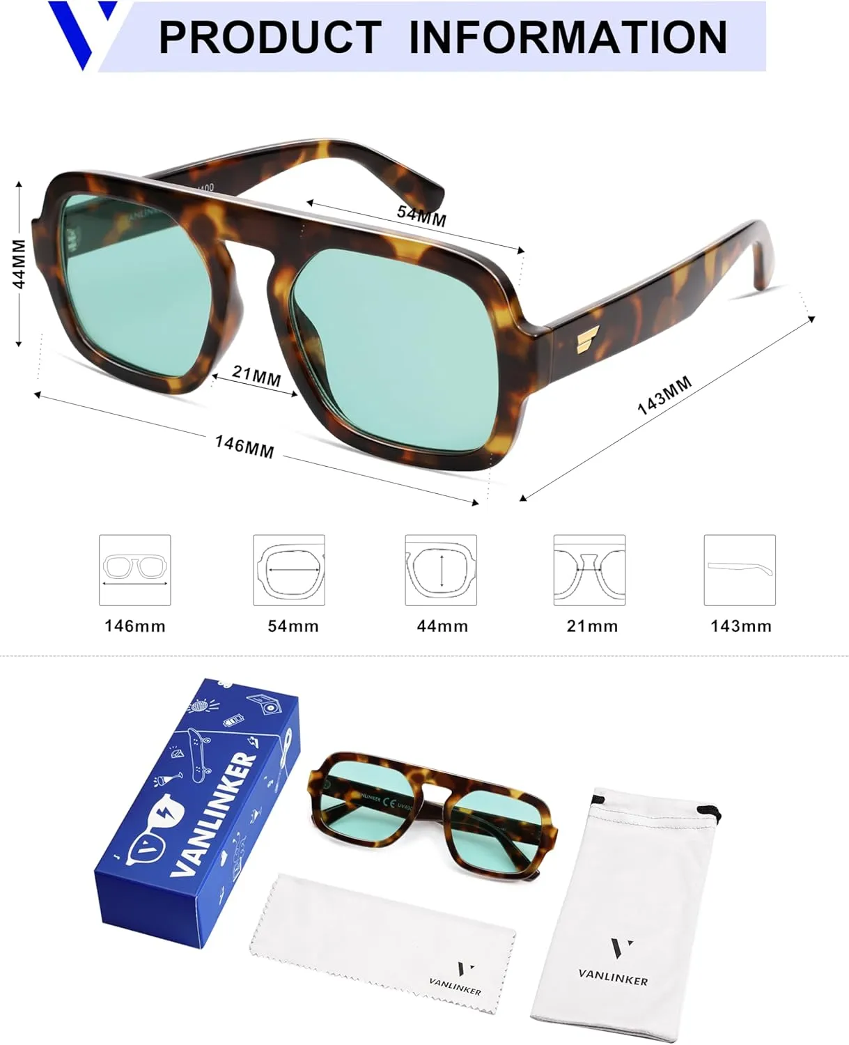 VANLINKER Retro Square Aviator Sunglasses for Women Men 70s Vintage Style Trendy Flat Top Rectangle Sun Glasses VL9826