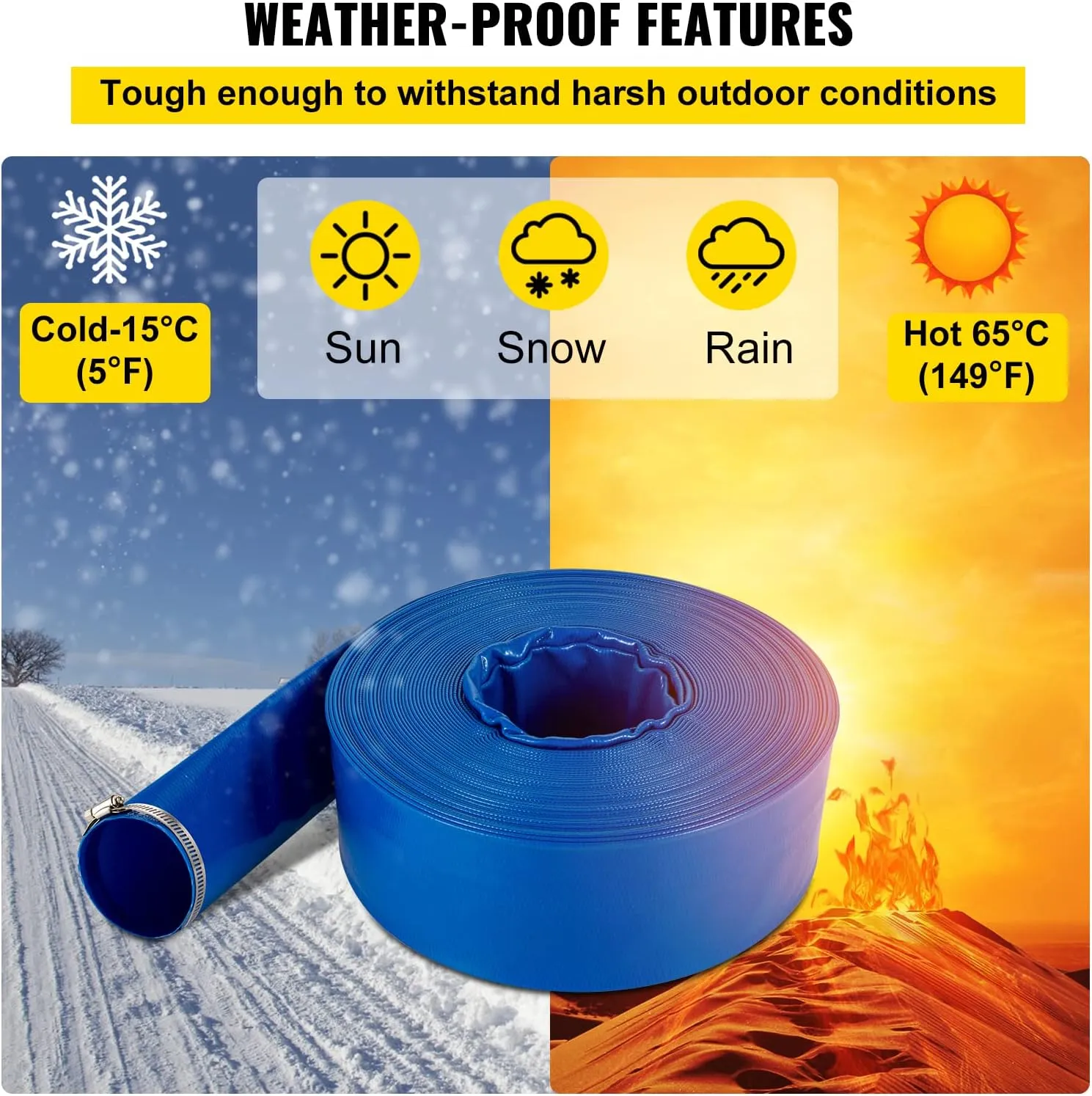 VEVOR Discharge Hose, 2" x 105', PVC Fabric Lay Flat Hose, Heavy Duty Backwash Drain Hose with Clamps, Weather-proof & Burst-proof, Ideal for Swimming Pool & Water Transfer, Blue
