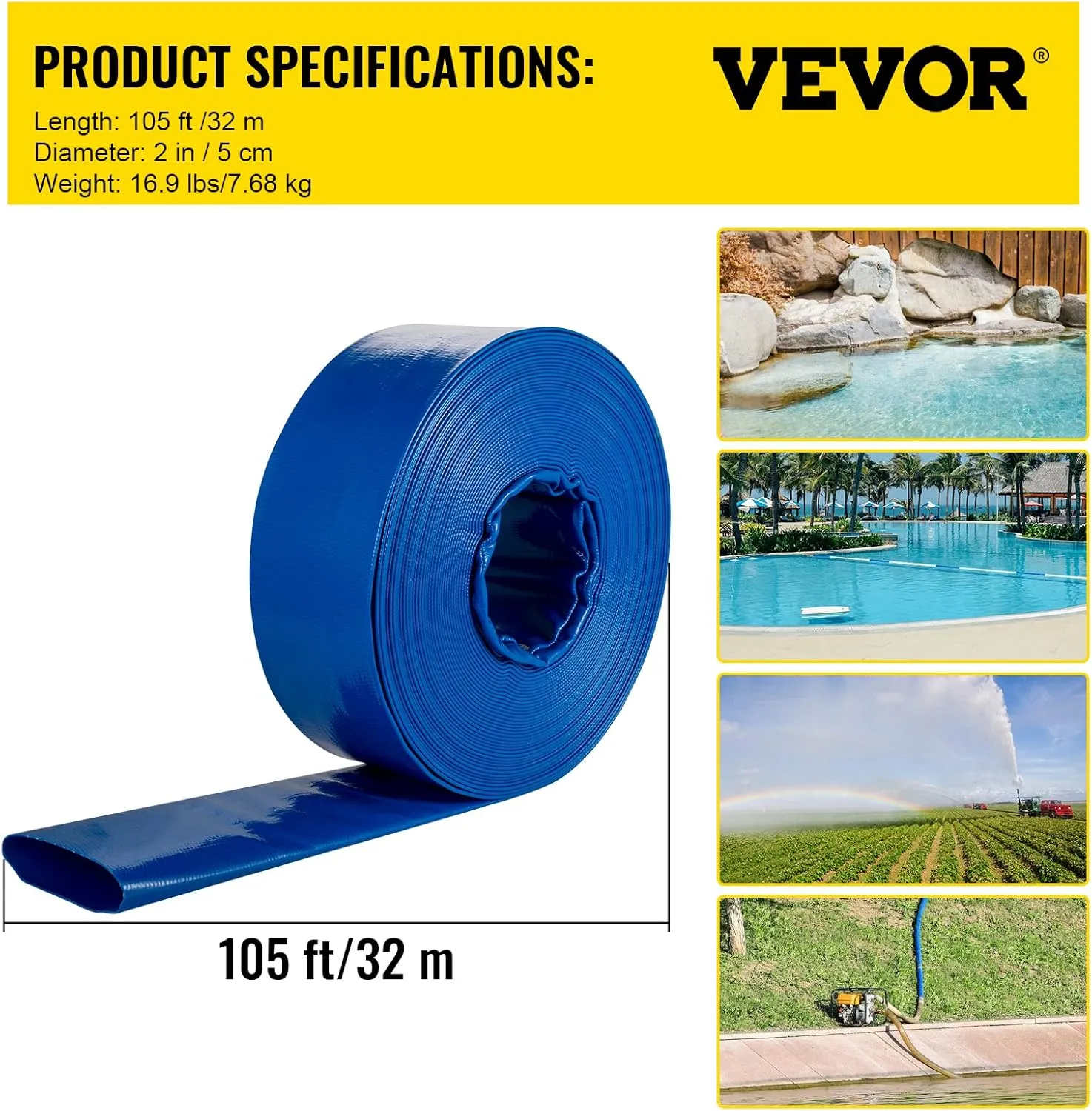 VEVOR Discharge Hose, 2" x 105', PVC Fabric Lay Flat Hose, Heavy Duty Backwash Drain Hose with Clamps, Weather-proof & Burst-proof, Ideal for Swimming Pool & Water Transfer, Blue