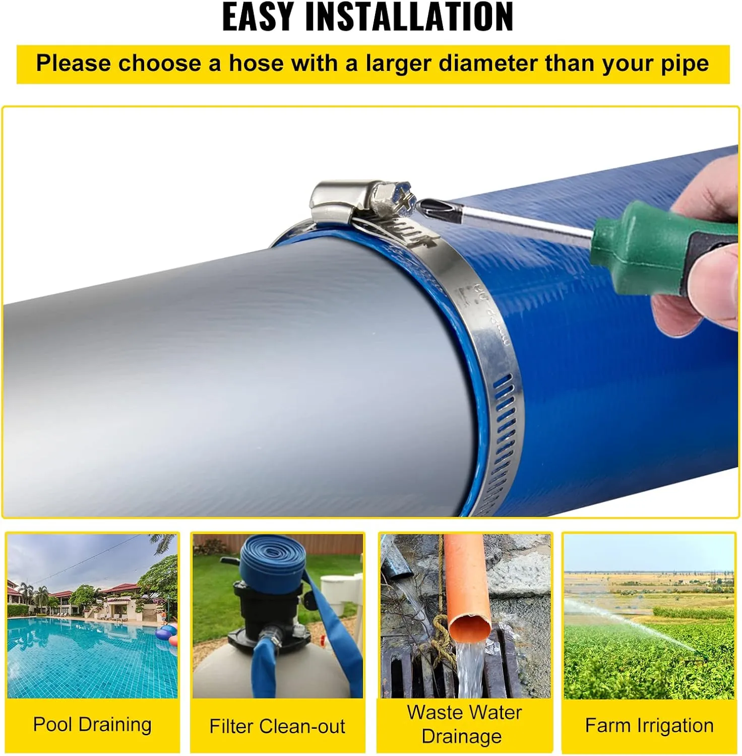 VEVOR Discharge Hose, 2" x 105', PVC Fabric Lay Flat Hose, Heavy Duty Backwash Drain Hose with Clamps, Weather-proof & Burst-proof, Ideal for Swimming Pool & Water Transfer, Blue