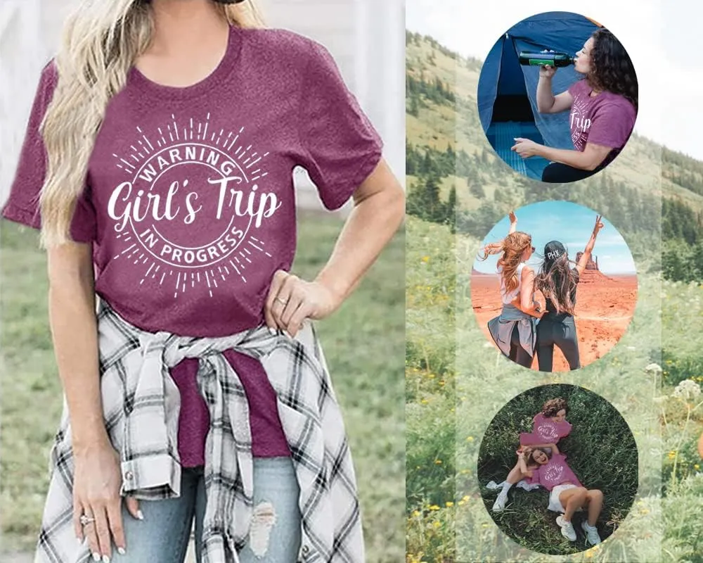 Warning Girls Trip in Progress T-Shirt Shirt Vacation Outfits for Women Holiday Shirts Girls Weekend Tee