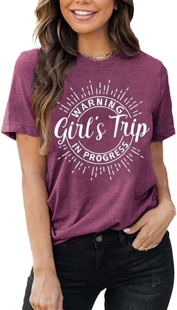 Warning Girls Trip in Progress T-Shirt Shirt Vacation Outfits for Women Holiday Shirts Girls Weekend Tee
