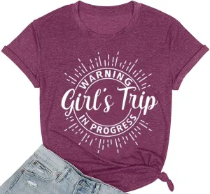 Warning Girls Trip in Progress T-Shirt Shirt Vacation Outfits for Women Holiday Shirts Girls Weekend Tee