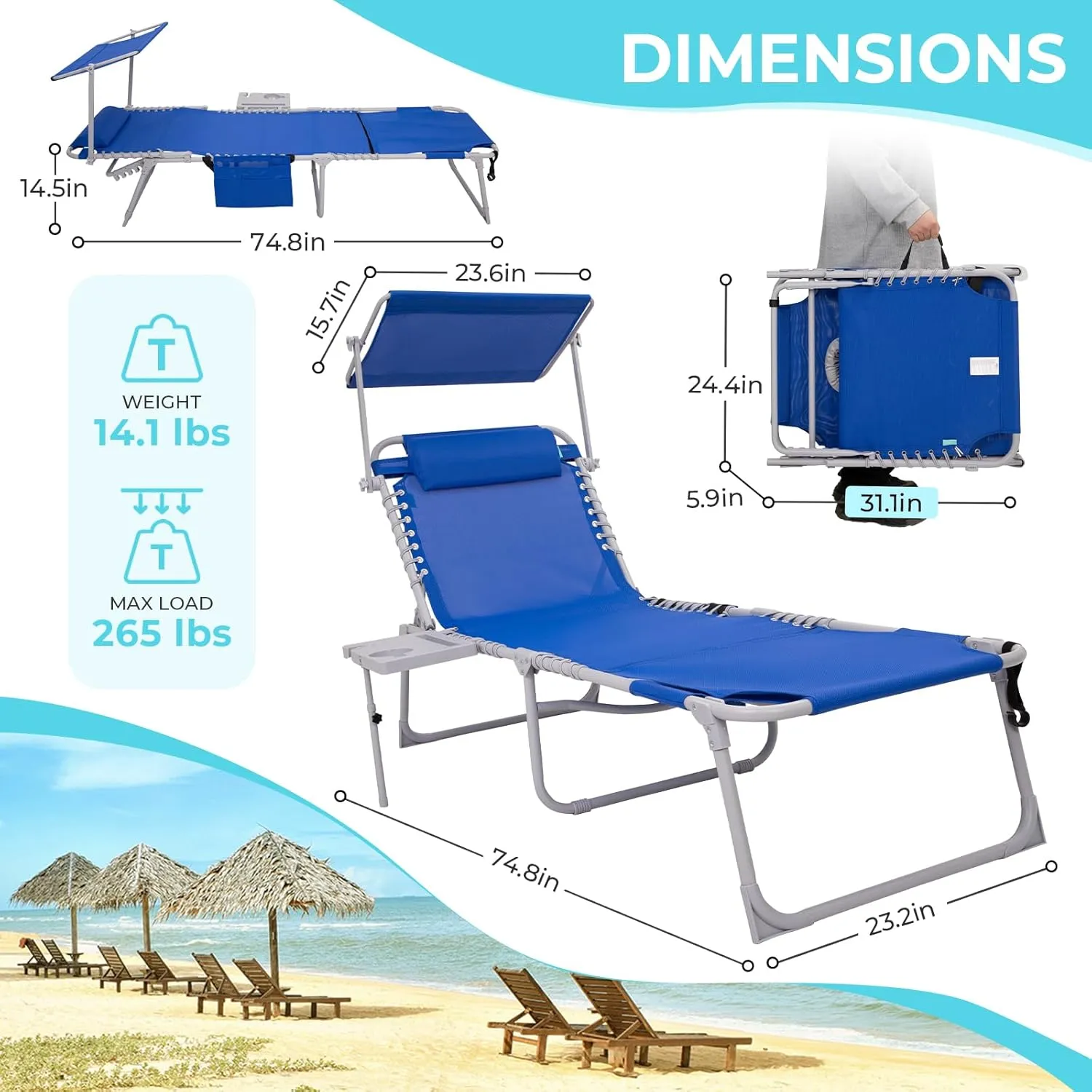 #WEJOY 4 in 1 Tanning Chair with Face Hole & Canopy & Side Table, 5 Positions Adjustable Folding Quick Dry Facedown Chaise Lounge with Pillow for Beach Poolside Outdoor Camping Patio (Darkblue)
