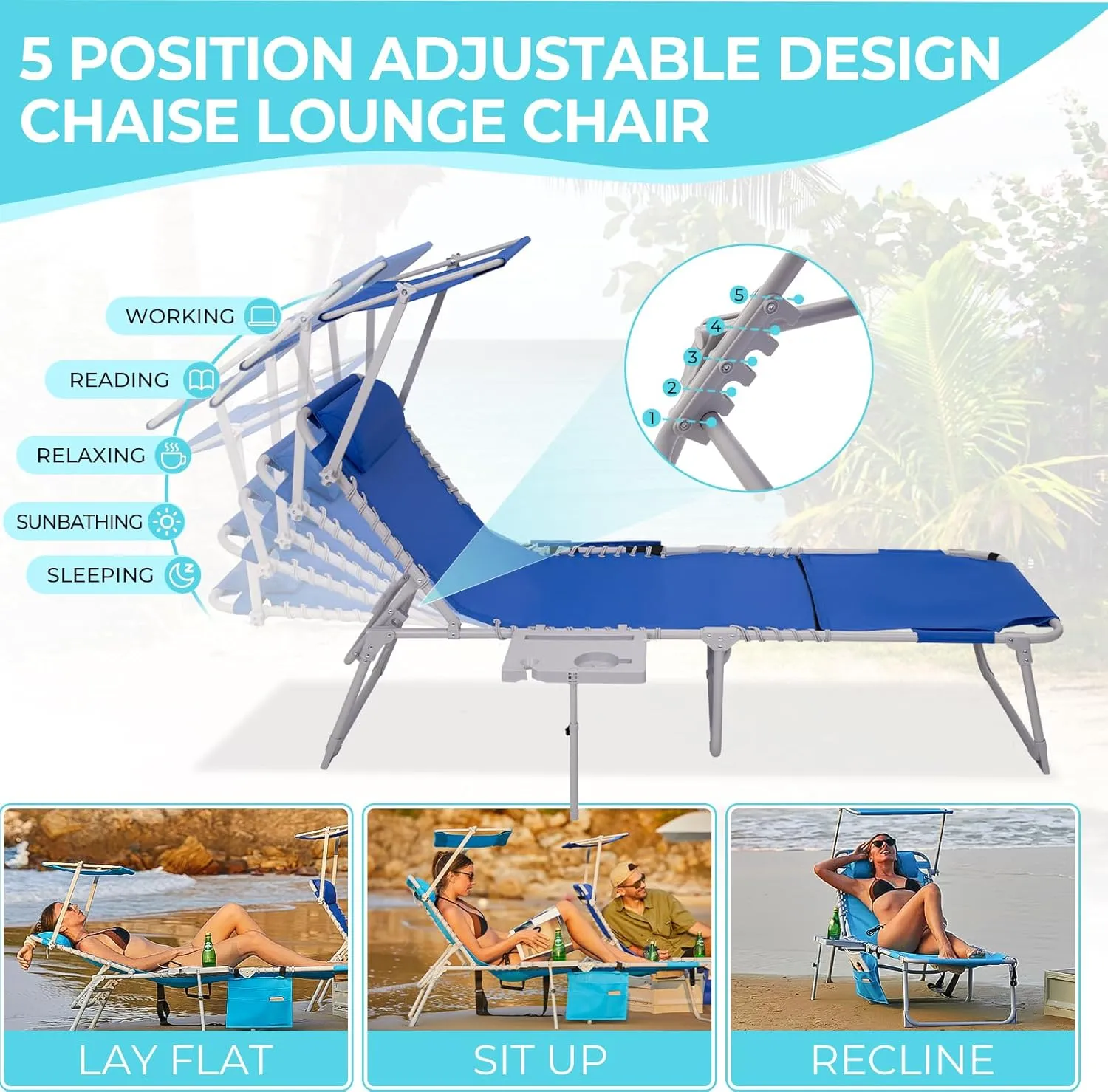 #WEJOY 4 in 1 Tanning Chair with Face Hole & Canopy & Side Table, 5 Positions Adjustable Folding Quick Dry Facedown Chaise Lounge with Pillow for Beach Poolside Outdoor Camping Patio (Darkblue)
