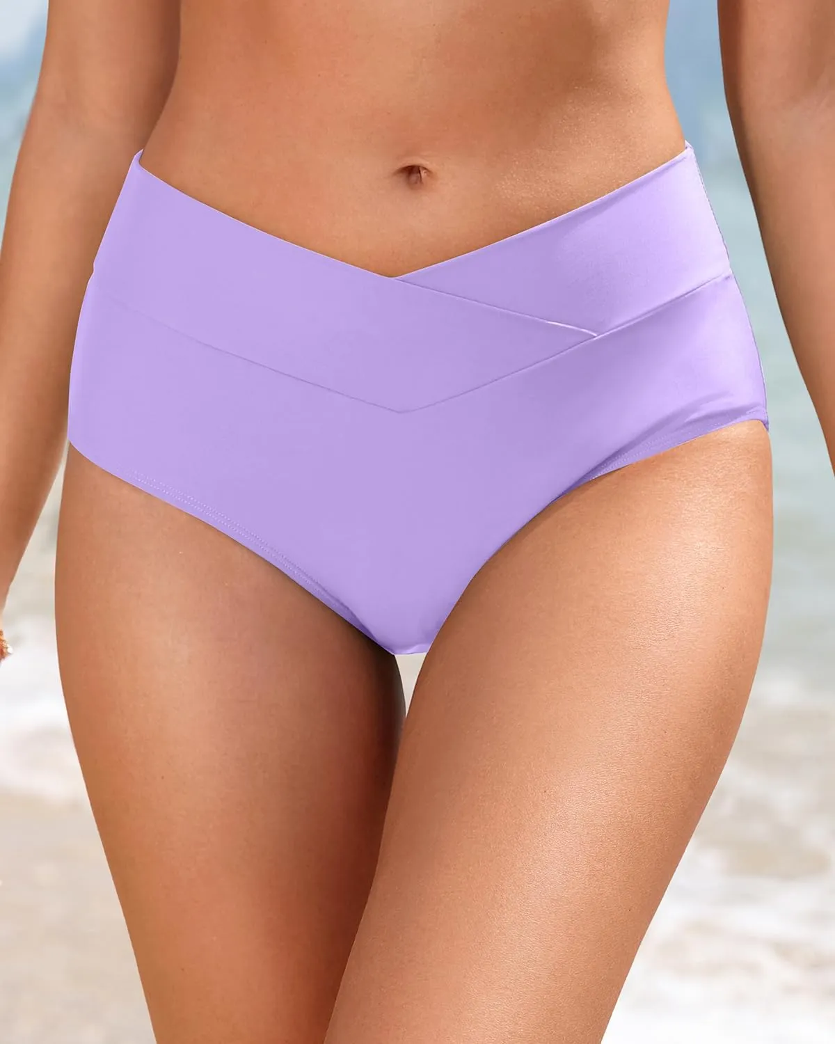 Women V Cut Full Coverage Bikini Bottom - High Waist Swim Bathing Suit Bottoms Cross V Front Swimsuit