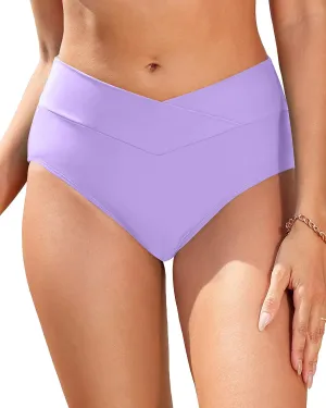 Women V Cut Full Coverage Bikini Bottom - High Waist Swim Bathing Suit Bottoms Cross V Front Swimsuit