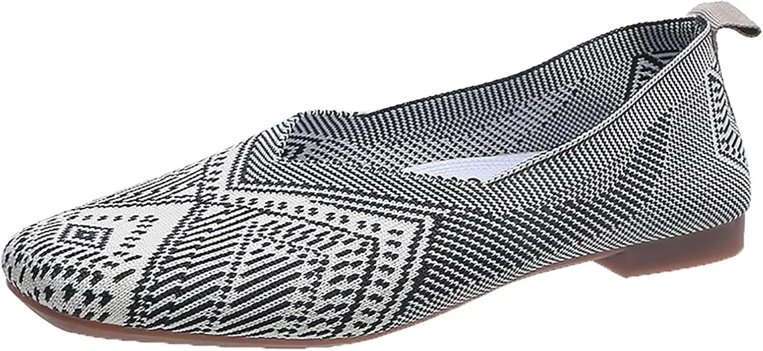 Women's Ballet Elderly Flats Round Toe Walking Flats Slip On Work Shoes Knitted Flats Shoes for Woman Soft Lightweight
