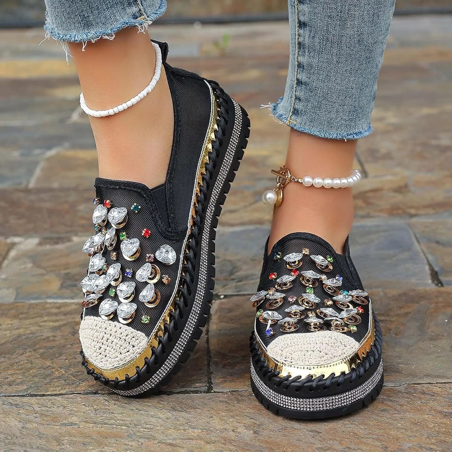 Women's Casual Slip On Loafers Fashion Breathable Mesh Platform Shoes with Rhinestone Decorations for Spring