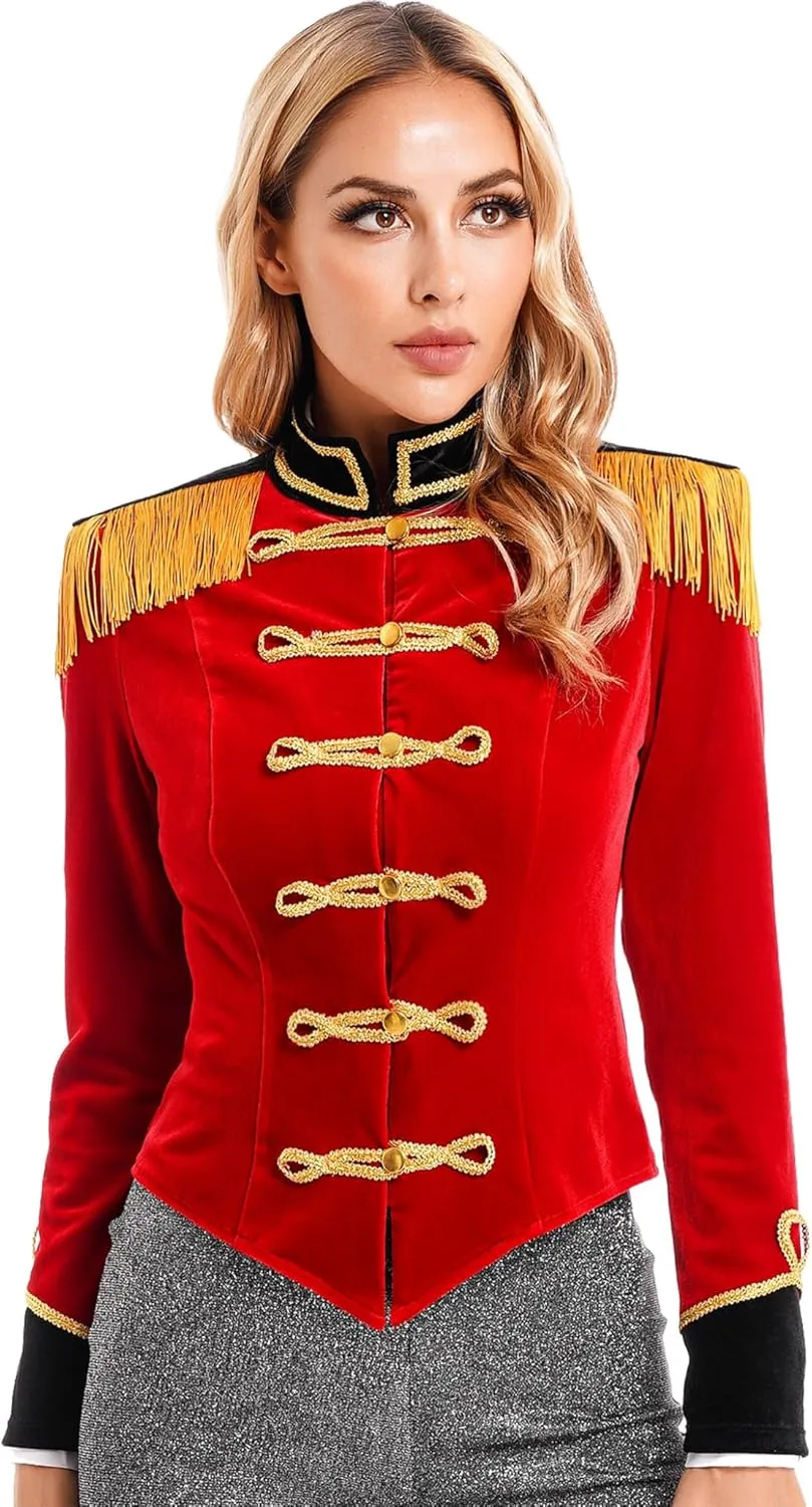 Women's Circus Ringmaster Costume Velvet Showman Jacket Lion Trainer Cosplay Costumes with Hat Bow Collar Gloves