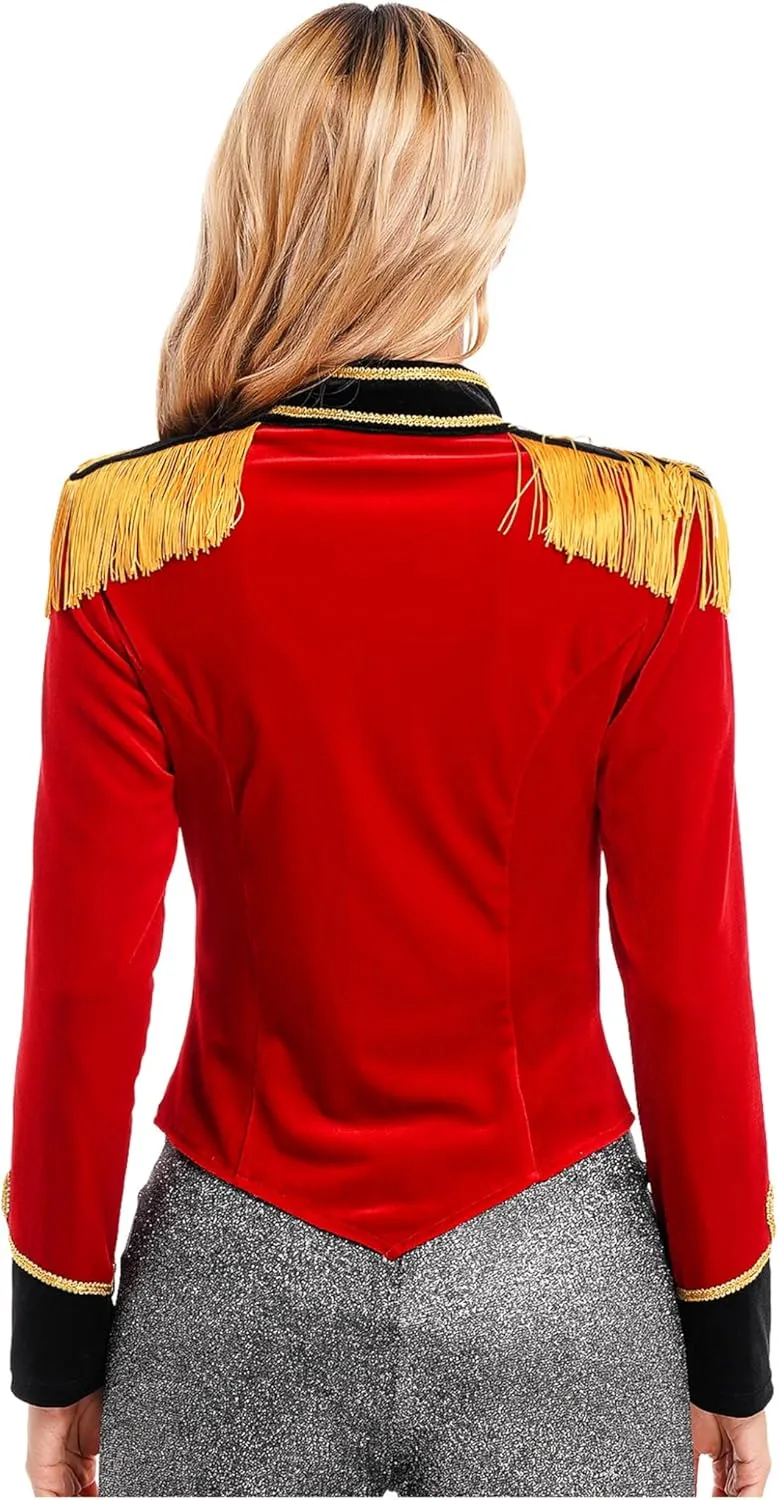 Women's Circus Ringmaster Costume Velvet Showman Jacket Lion Trainer Cosplay Costumes with Hat Bow Collar Gloves