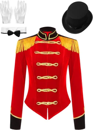 Women's Circus Ringmaster Costume Velvet Showman Jacket Lion Trainer Cosplay Costumes with Hat Bow Collar Gloves