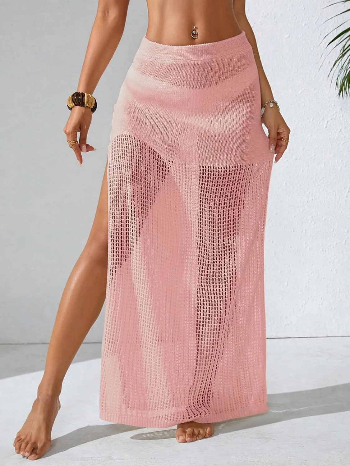 Womens Crochet Elastic Waist Beach Skirt Summer 2025 Hollow Out Sheer Side Slit Bathing Suit Cover Up Maxi Skirt
