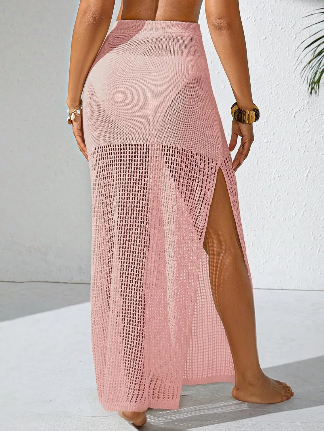 Womens Crochet Elastic Waist Beach Skirt Summer 2025 Hollow Out Sheer Side Slit Bathing Suit Cover Up Maxi Skirt