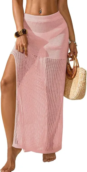 Womens Crochet Elastic Waist Beach Skirt Summer 2025 Hollow Out Sheer Side Slit Bathing Suit Cover Up Maxi Skirt
