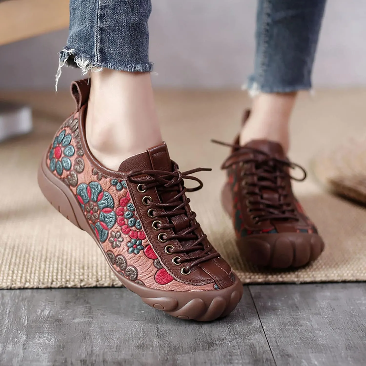 Women's Ethnic Style Flat Five-Finger Shoes,Retro Print lace-up Flat Shoes,Fashion All-Match Hiking Soft-Soled Mother Shoes