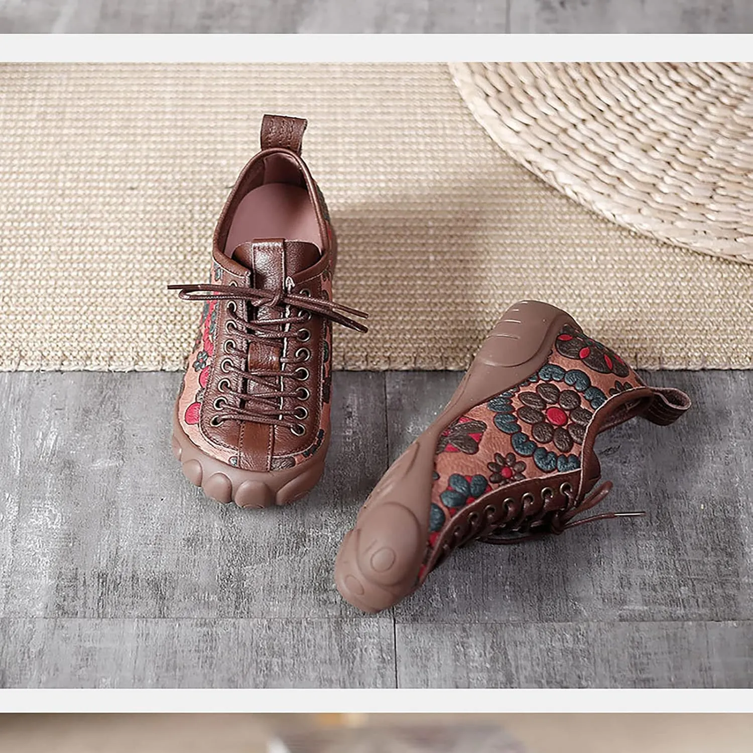 Women's Ethnic Style Flat Five-Finger Shoes,Retro Print lace-up Flat Shoes,Fashion All-Match Hiking Soft-Soled Mother Shoes