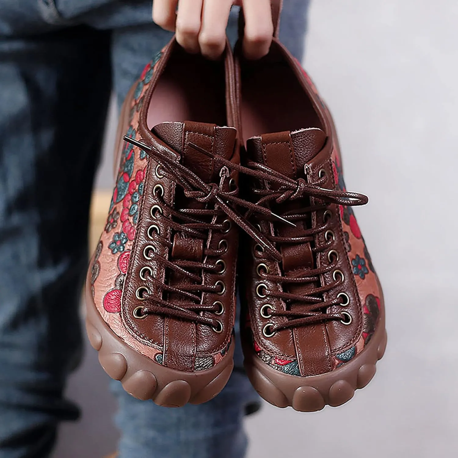 Women's Ethnic Style Flat Five-Finger Shoes,Retro Print lace-up Flat Shoes,Fashion All-Match Hiking Soft-Soled Mother Shoes