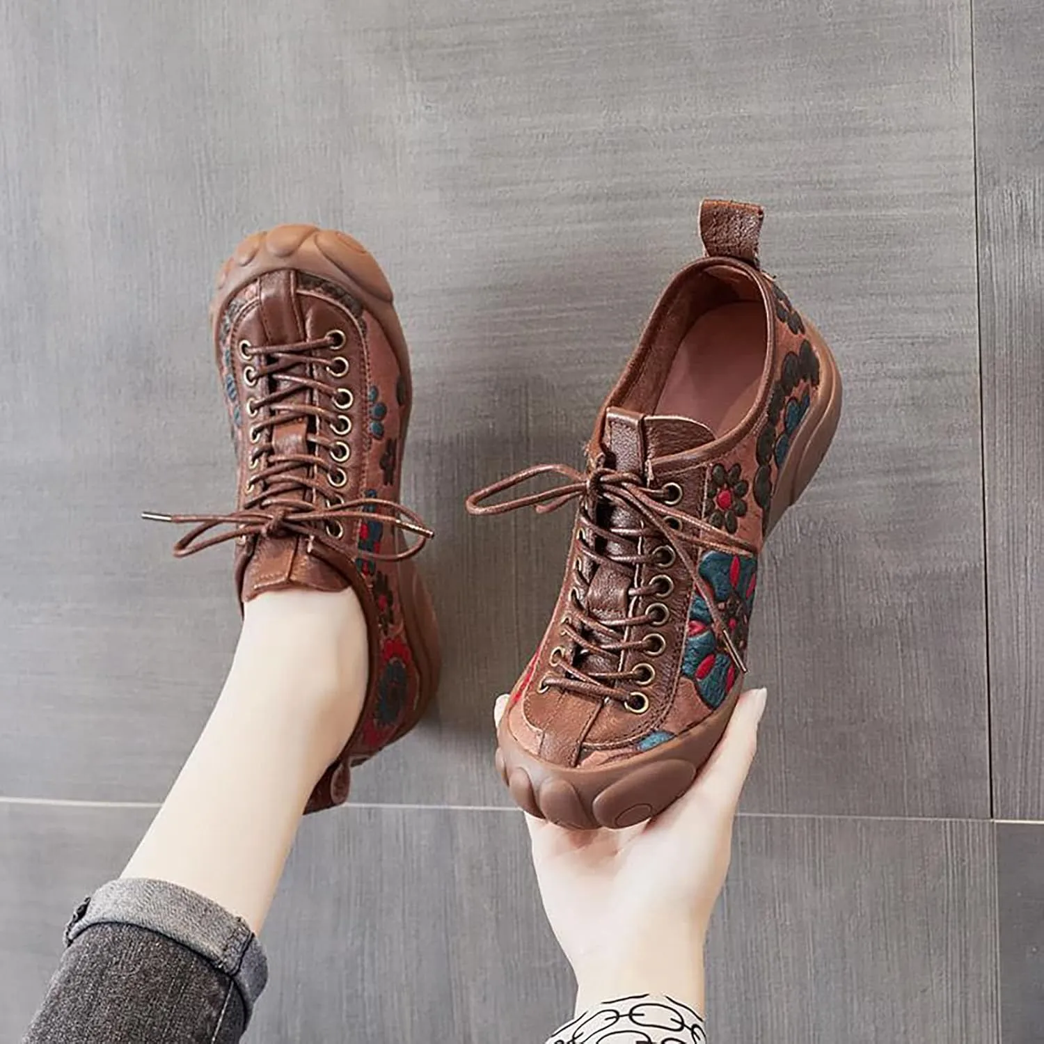 Women's Ethnic Style Flat Five-Finger Shoes,Retro Print lace-up Flat Shoes,Fashion All-Match Hiking Soft-Soled Mother Shoes