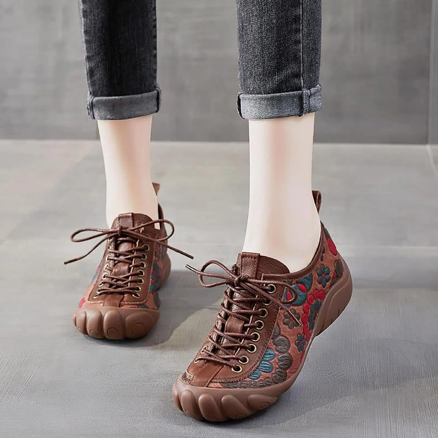 Women's Ethnic Style Flat Five-Finger Shoes,Retro Print lace-up Flat Shoes,Fashion All-Match Hiking Soft-Soled Mother Shoes