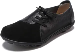 Women's Fashion Casual Leather Soft Sole Lace Up Loafers Shoes Comfortable Low Top Non-Slip Flat Walking Shoes