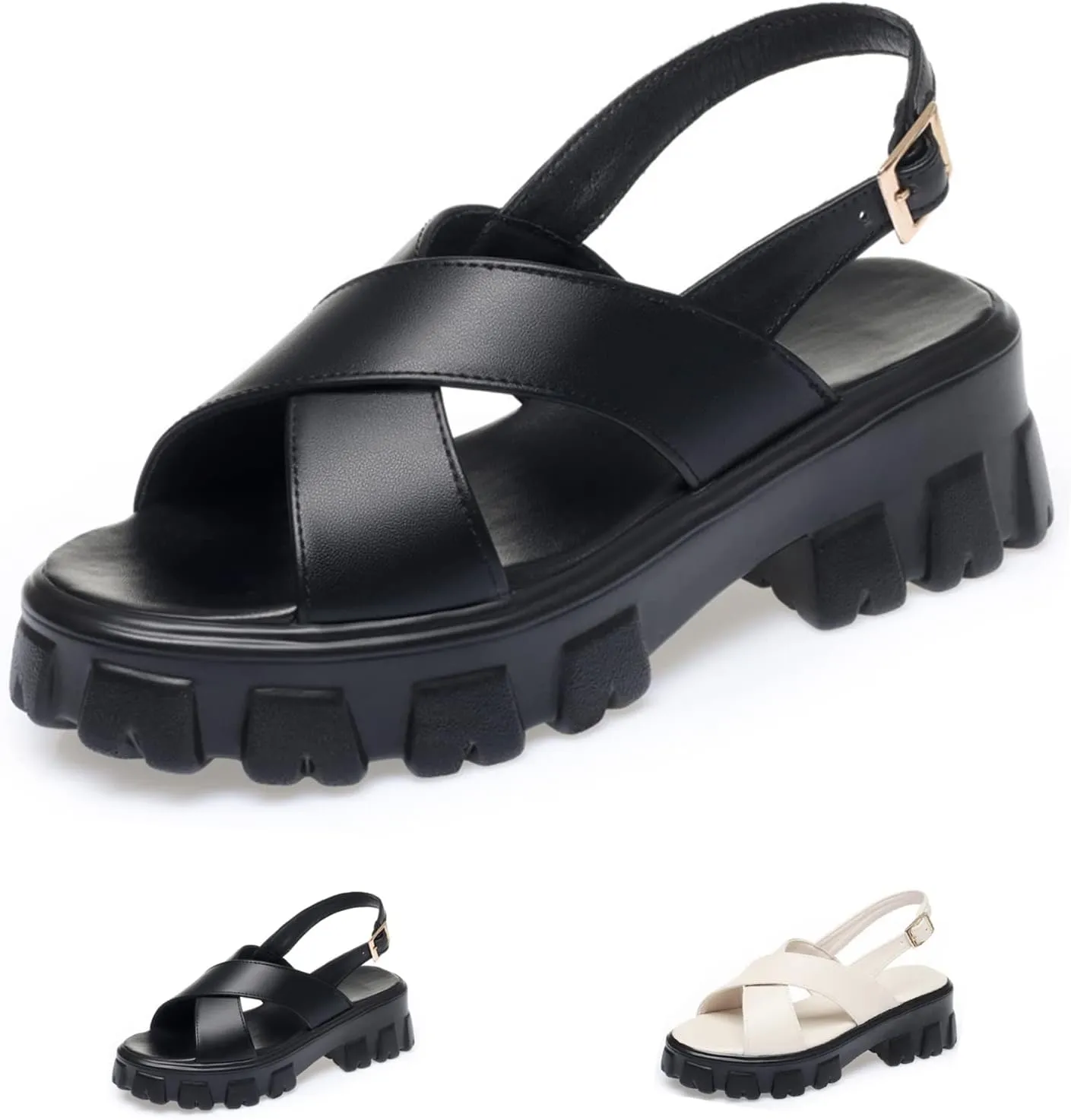 Women's Fish Mouth Open Toe Crossover Strap Platform Sandals,Summer Casual Adjustable Ankle Buckle Strap Non-Slip Width Chunky Platform Beach Outdoor Roman Sandals