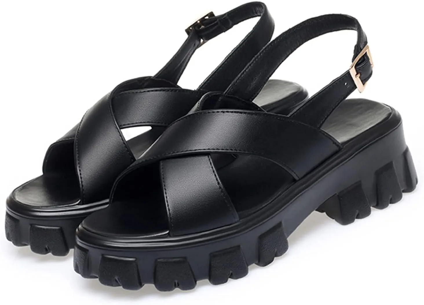 Women's Fish Mouth Open Toe Crossover Strap Platform Sandals,Summer Casual Adjustable Ankle Buckle Strap Non-Slip Width Chunky Platform Beach Outdoor Roman Sandals