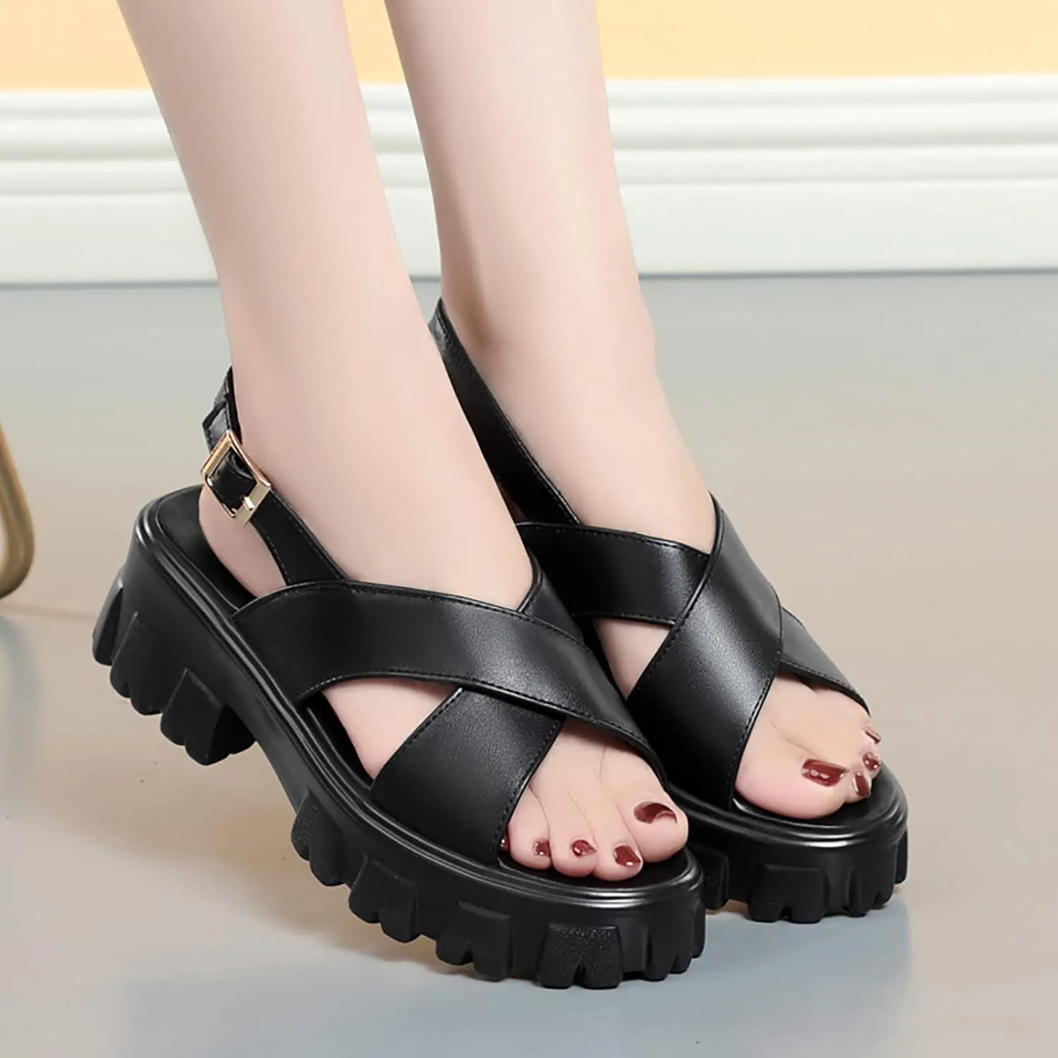 Women's Fish Mouth Open Toe Crossover Strap Platform Sandals,Summer Casual Adjustable Ankle Buckle Strap Non-Slip Width Chunky Platform Beach Outdoor Roman Sandals